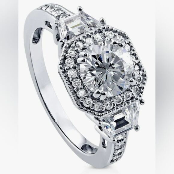 Sterling Silver Round Cubic Zirconia Halo Art Deco Ring (5) - Picture 1 of 11